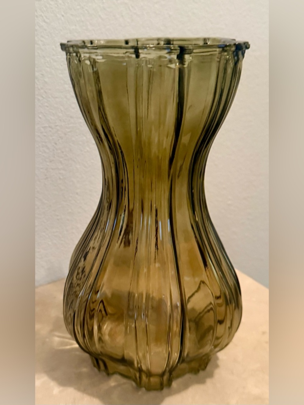 AEG "Flare" Green glass ribbed bulb bud vase. 9.5”H